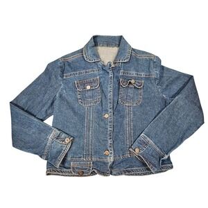 OOAK Upcycled Boho Denim Jacket Embellished Lace Back Beaded Artisan Women's M
